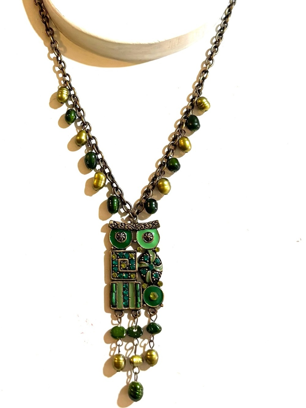 Vintage Green and Gold Owl Pendant Necklace